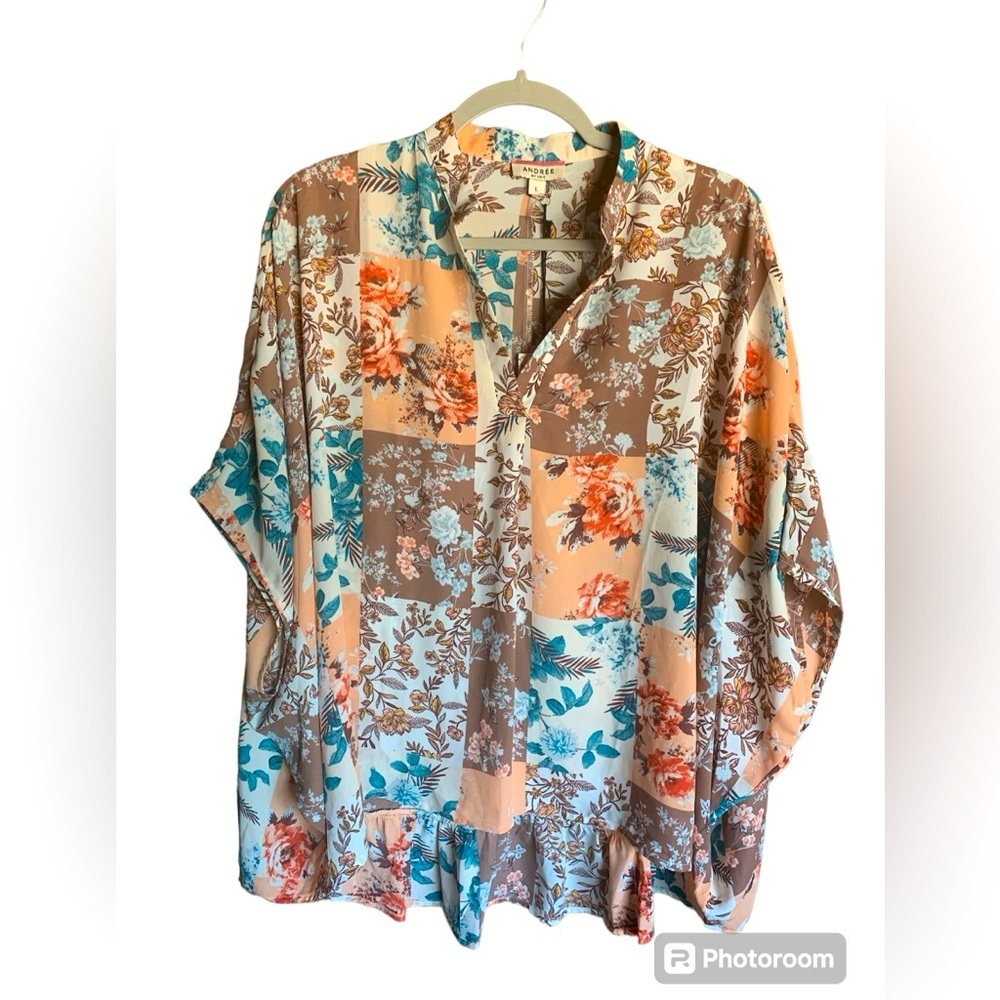New Andree patchwork print womens blouse size large flowy loose relaxed fall